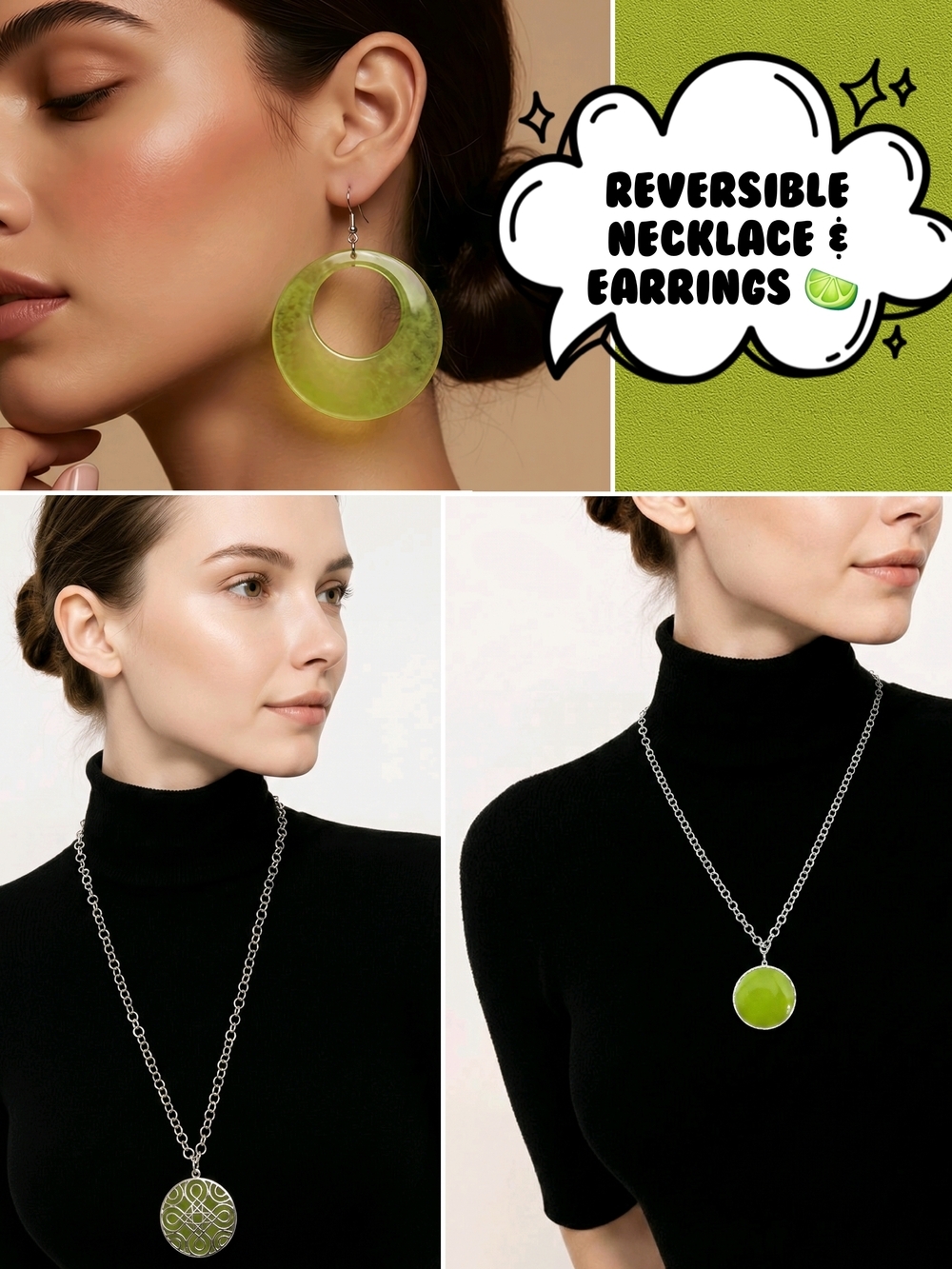 ๐ฃ Fashion Reversible Lime ๐โ๐ฉ Green Necklace Silvertone & Dangle Earrings Set